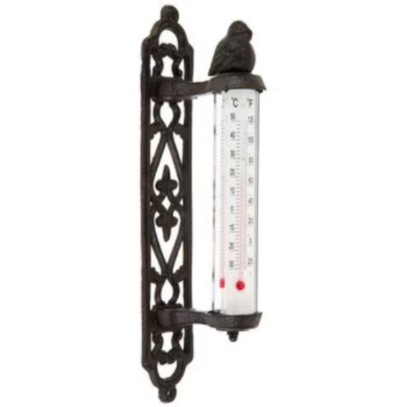 Ornate Cast Iron BIRD TOPPER Outdoor Thermometer Triple Strips - Picture 1 of 5